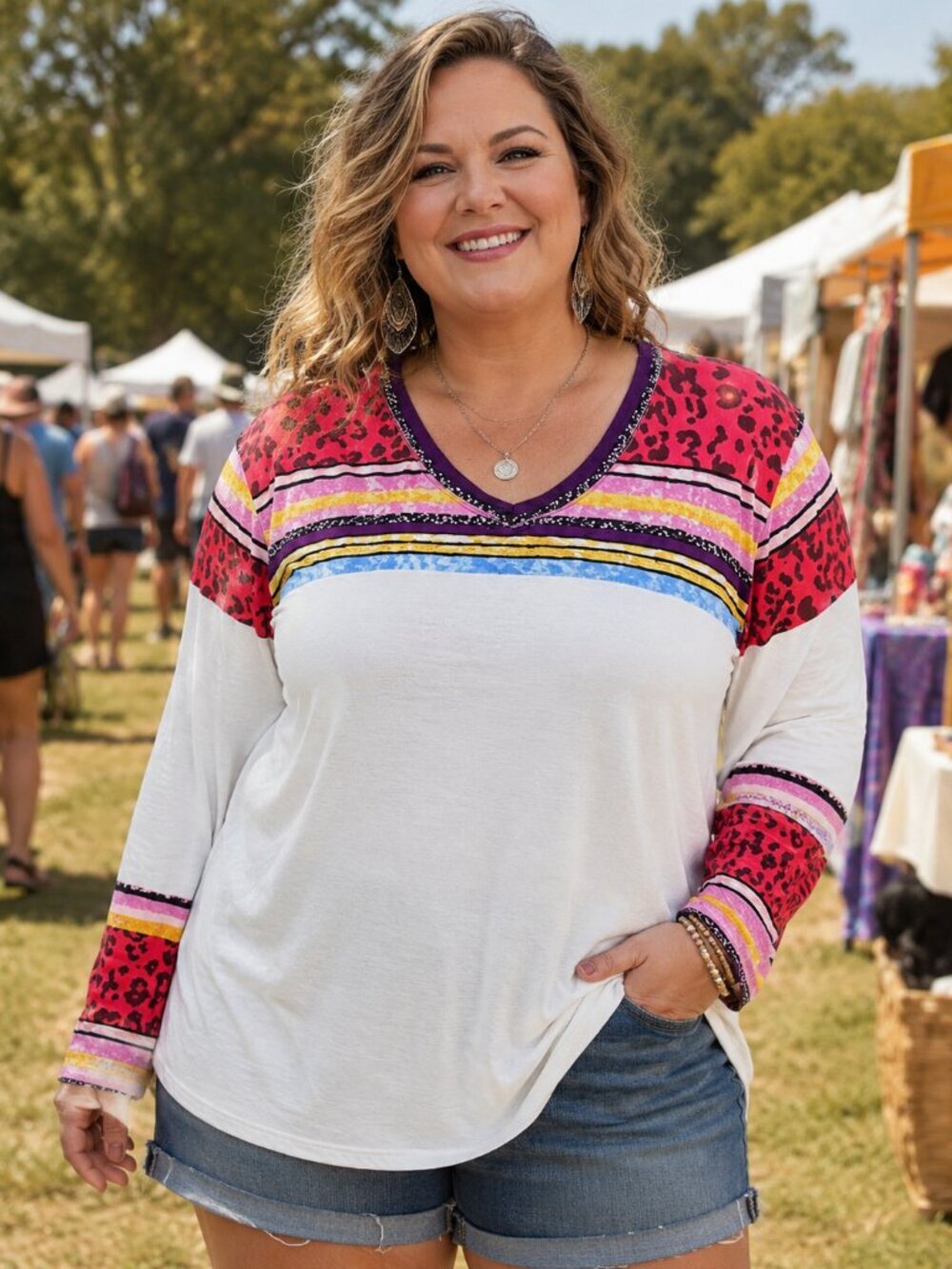 Colorful V-Neck Long Sleeve Festival Top XL